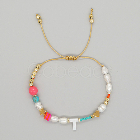 Initial Letter Natural Pearl Braided Bead Bracelet LO8834-20-1