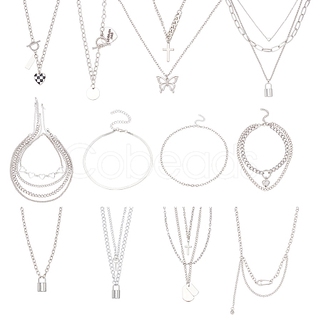 18Pcs 18 Style Alloy Curb & Paperclip & Herringbone Chain Necklaces Set NJEW-AN0001-43-1