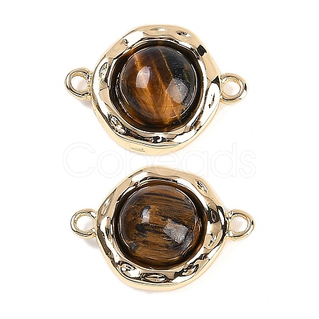 Brass Pave Natural Tiger Eye Flat Round Links Connector Charms KK-U043-45G-C-1