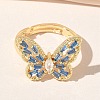 Adjustable Brass Butterfly Finger Rings with Light Blue Cubic Zirconia CU-CBA7E55-18G-02-2
