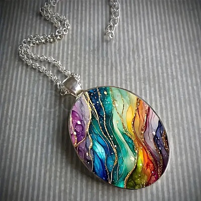 Zinc Alloy & Glass Oval Pendant Necklaces FS-WG171E2-01-1