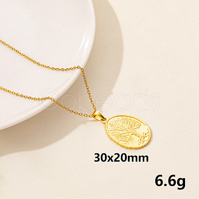 201 Stainless Steel Oval with Tree of Life Pendant Necklaces for Women FS-WG3C313-04-1