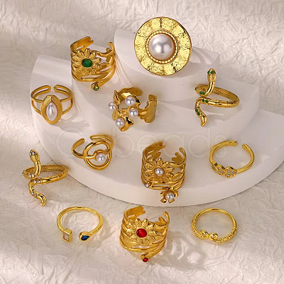 Retro Royal Style Stainless Steel with Cubic Zirconia Cuff Rings for Women FS-WG343E9-09-1