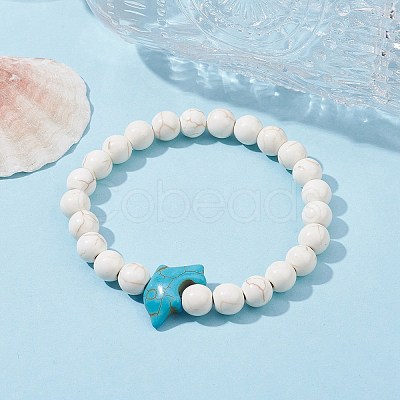 Natural Howlite & Synthetic Turquoise Dolphin Beaded Stretch Bracelets BJEW-JB09826-02-1