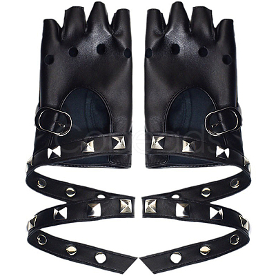 2 Pairs PU Leather Biker Punk Gloves with Belt AJEW-CL0003-02-1