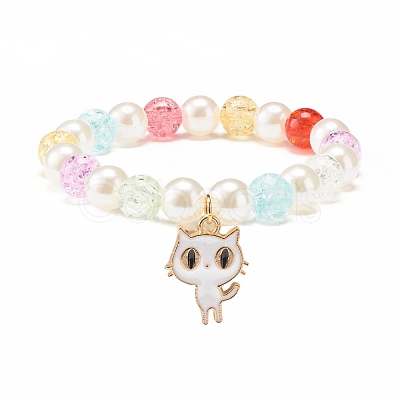 Candy Color Round Beaded Stretch Bracelet with Enamel Charm for Kid BJEW-JB07637-1
