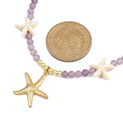 Synthetic Turquoise & Natural Amethyst Faceted Round Beaded Starfish 304 Stainless Steel Pendant Necklaces for Women NJEW-JN05459-1