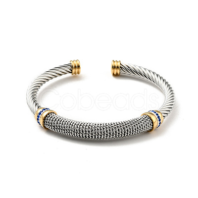 304 Stainless Steel Twist Rope Shape Open Cuff Bangle with Rhinestone for Women BJEW-D449-01GP-04-1