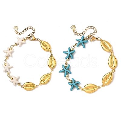 2Pcs 2 Styles 304 Stainless Steel & Synthetic Turquoise Link Chain Bracelets for Women BJEW-JB13870-1