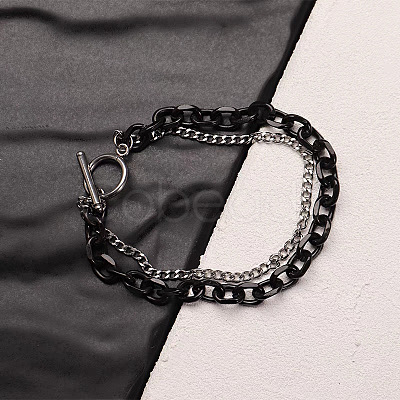 Two Tone 201 Stainless Steel Curb Chain & Cable Chain Double Layers Bracelets for Women Men FS-WGC755C-02-1
