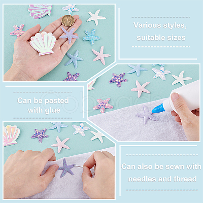 100Pcs 10 Styles Polyester & PU Leather Sequins Starfish & Shell Shape Applique for Clothing Dress Bag Garment Accessories DIY-GA0009-22-1