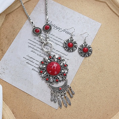 Vintage Ethnic Bohemian Style Alloy & Resin Pendant Necklace & Dangle Earrings Sets FS-WGADC17-04-1