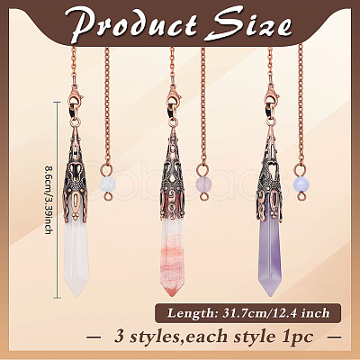 3Pcs Cone Natural Rose Quartz & Amethyst & Malaysia Jade & Cherry Quartz Glass Dowsing Pendulums PALLOY-MA00007-1