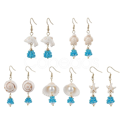 5Pair Shell Glass Dangle Earrings EJEW-MZ00424-1