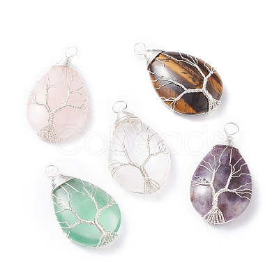 Natural Amethyst & Natural Tiger Eye & Natural Green Fluorite & Natural Rose Quartz & Natural Quartz Crystal Pendants PALLOY-JF01307-1