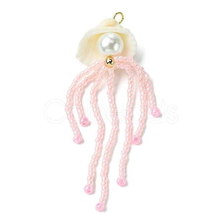 Natural Clam Shell & Glass Pearl & Glass Seed Beaded Big Pendants PALLOY-MZ00298-03-1