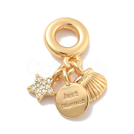 Brass Clear Cubic Zirconia Star & Shell Shape & Flat Round European Dangle Charms KK-M305-20G-1