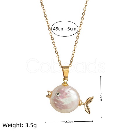 Natural Baroque Keshi Pearl Fish Pendant Brass Chain Necklaces FS-WGF6066-01-1