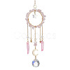 Natural Rose Quartz Chip Pendant Decorations with Brass Moon & Cable Chain & Electroplated Quartz Crystal Tassel HJEW-JM01650-04-1