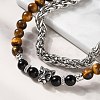 304 Stainless Steel Wheat Chain & Round Natural Tiger Eye and Natural Obsidian Beaded Double Strand Bracelets BJEW-C119-02-3