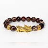 Golden Plated Alloy Pi Xiu 8MM Natural Coffee Banded Agate(Dyed & Heated) Round Beaded Stretch Bracelet for Men QJ0349-4-1
