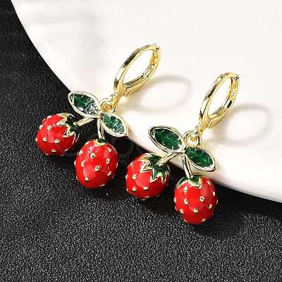 Brass Enamel Strawberry Dangle Earrings EJEW-L305-04G-1