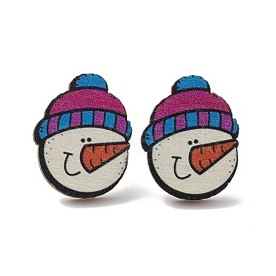 Christmas Printed Wooden Stud Earrings EJEW-D046-08-1