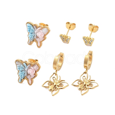 Ion Plating(IP) 3Pairs 3 Styles 304 Stainless Steel Butterfly Earrings EJEW-A114-05G-1