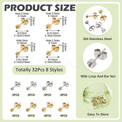 32Pcs 8 Styles 304 Stainless Steel Stud Earring Findings STAS-TA0002-97-1