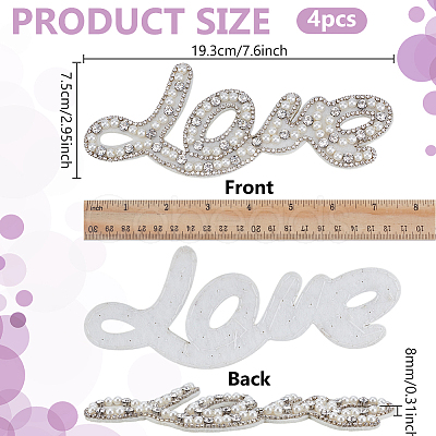 4Pcs Word Love Glass Crystal Rhinestone with Plastic Pearl Sew on Cloth Patches PATC-FG0003-51-1