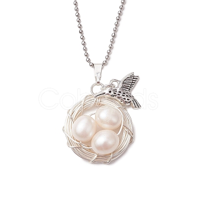 Natural Cultured Freshwater Pearl Copper Wire Wrapped Bird Egg Nest Pendant Necklaces NJEW-TA00190-1