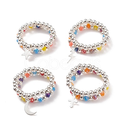 2Pcs 2 Style Glass & Brass Beaded Stretch Finger Rings with Charms for Women RJEW-JR00480-1