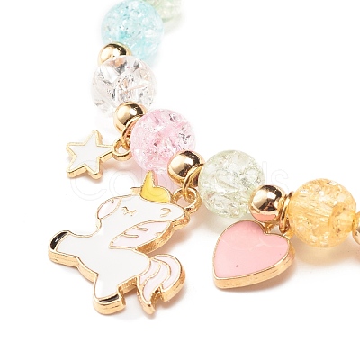 Candy Color Round Beaded Stretch Bracelet with Heart Unicorn Charm for Women BJEW-JB07636-04-1