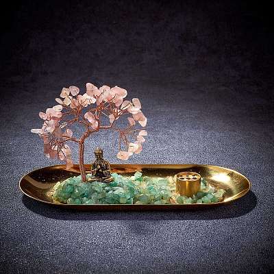 Natural Rose Quartz with Green Aventurine Chips with Brass Incense Burner Holder DJEW-G027-19RG-03-1