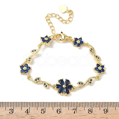 Brass Micro Pave Cubic Zirconia Flower & Leaf Link Chain Bracelets for Women BJEW-G764-03G-1
