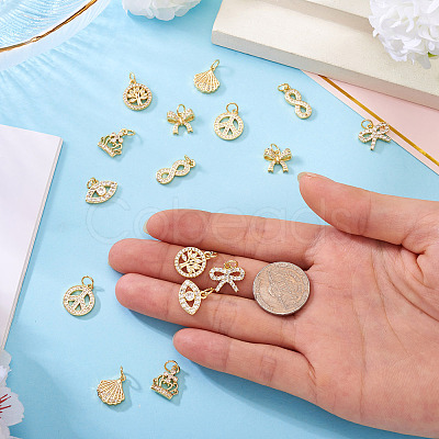16Pcs 8 Styles Brass Micro Pave Cubic Zirconia Pendants KK-TA0002-30-1