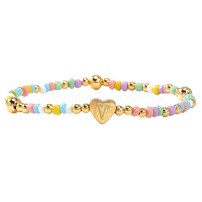 Summer Stainless Steel Heart Alphabet Colorful Glass Seed Beaded Stretch Bracelets for Women JV8929-48-1