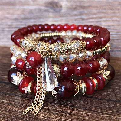 4Pcs 4 Styles Bohemian Style Alloy Glass Round Beaded Stretch Bracelets FS-WG80D8B-01-1