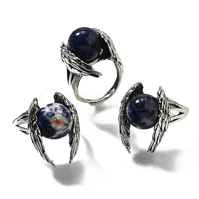 Natural Sodalite Wings Adjustable Rings RJEW-K241-04AS-06-1