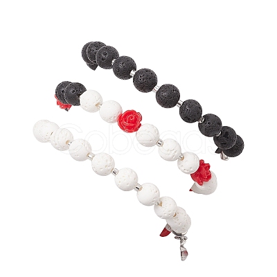 3Pcs Halloween Theme Natural & Synthetic Lava Rock Round Beads Stretch Bracelets BJEW-MZ00185-1