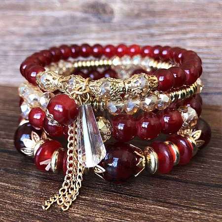 4Pcs 4 Styles Bohemian Style Alloy Glass Round Beaded Stretch Bracelets FS-WG80D8B-01-1