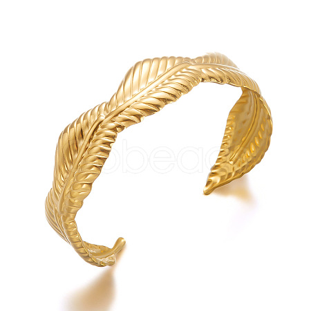 304 Stainless Steel Leaf Open Cuff Bangles for Women WG38CFD-03-1