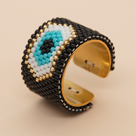 Adjustable Bohemian Style 304 Stainless Steel and Glass Seed Beads Cuff Rings FS-WG09053-25-1