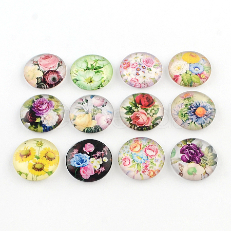 Half Round/Dome Floral Pattern Glass Flatback Cabochons for DIY Projects GGLA-Q037-18mm-M16-1
