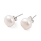 Natural Pearl Round Bead Stud Earrings, with Real Platinum Plated 925 Sterling Silver Findings, White, 17x8~9mm