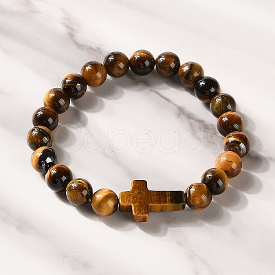 Natural & Synthetic Mixed Gemstone Cross & Round Beaded Stretch Bracelets BJEW-C119-01-1