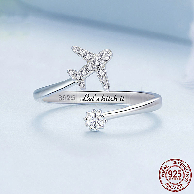 Airplane & Flower Rhodium Plated 925 Sterling Silver Micro Pave Clear Cubic Zirconia Cuff Rings for Women FS-WGB9FE4-01-1