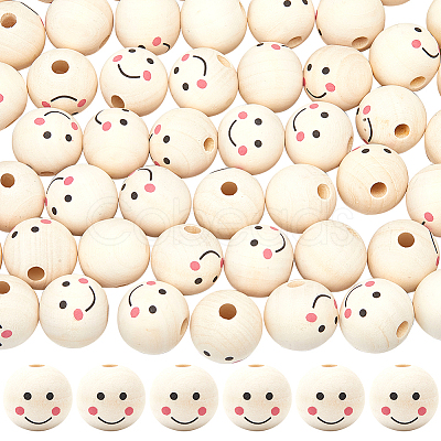 60Pcs Printed Natural Wood European Beads WOOD-GF0002-19B-1