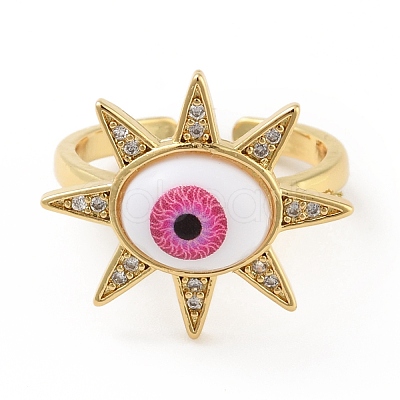 Cubic Zirconia Sun with Evil Eye Open Cuff Ring with Acrylic RJEW-B042-09G-03-1