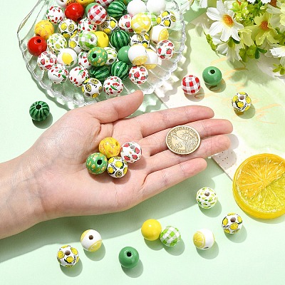 100Pcs 10 Styles Spray Painted Round Natural Schima Wood Beads WOOD-YW0001-85-1